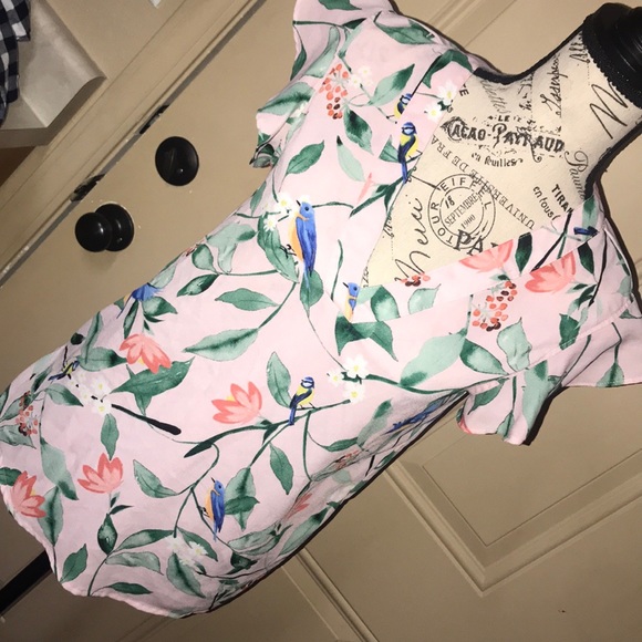 C&E bird and floral blouse XS ruffle sleeves pink - Picture 1 of 5